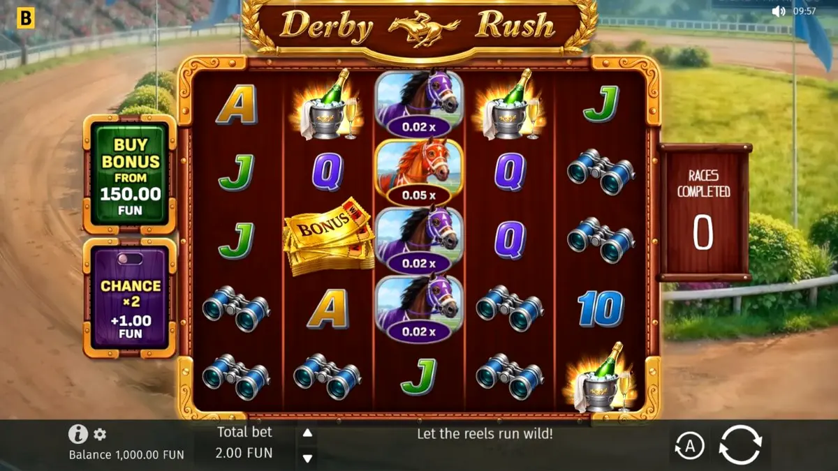 Tampilan visual slot Derby Rush dengan tema pacuan kuda mewah