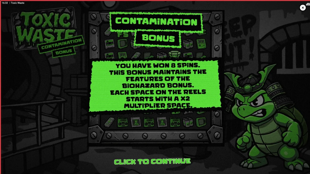 Tampilan antarmuka seluler slot Toxic Waste dengan tema laboratorium neon