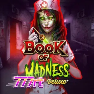 Tampilan layar permainan Book of Madness Deluxe dengan simbol-simbol horor yang detail dan latar belakang rumah sakit jiwa yang menyeramkan.